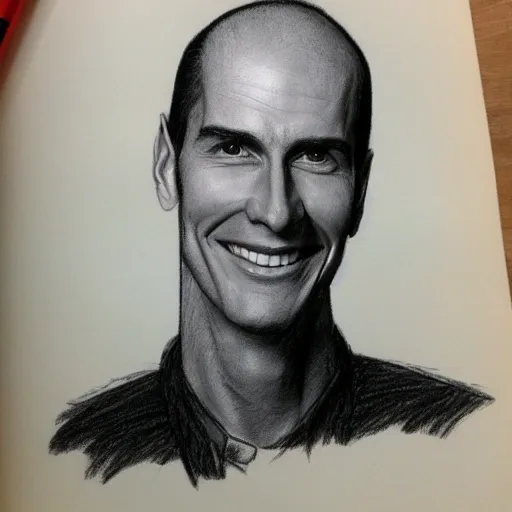 tall and thin, charismatic smile, balding white man in his mid-30s, dressed in all black, no beard, hyper-realistic, Pencil Sketch