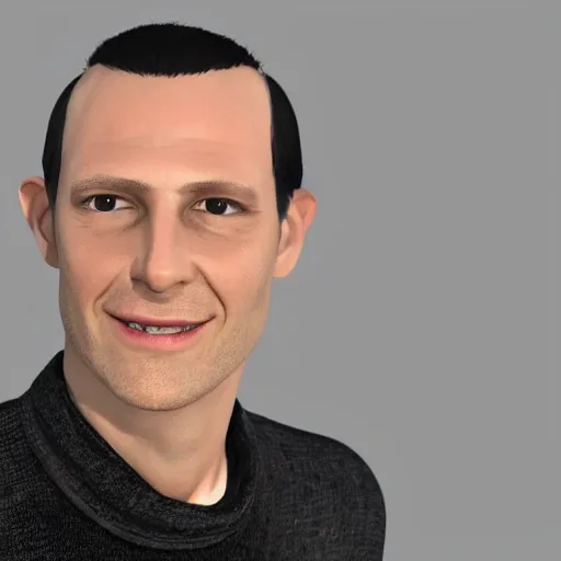 tall and thin, charismatic smile, balding white man in his mid-30s, dressed in all black, no beard, photo realistic, , 3D