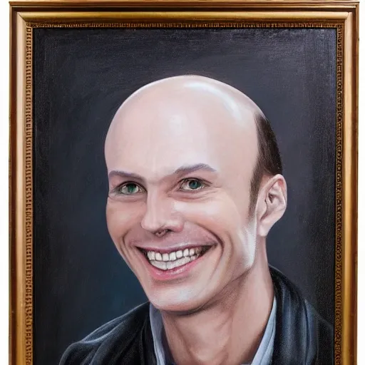 tall and thin, charismatic smile, balding white man in his mid-30s, dressed in all black, no beard, hyper-realistic, detailed, high quality, full character, Oil Painting