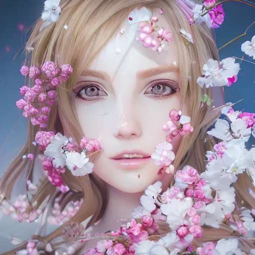 the portrait of the absurdly beautiful, graceful, elegant, gorgeous, fashionable photorealistic anime european woman made of cherries and white petals with tears, an ultrafine hyperrealistic illustration by kim jung gi, irakli nadar, intricate linework, bright colors, octopath traveler, final fantasy, unreal engine highly rendered, global illumination, radiant light, intricate environment, Cartoon