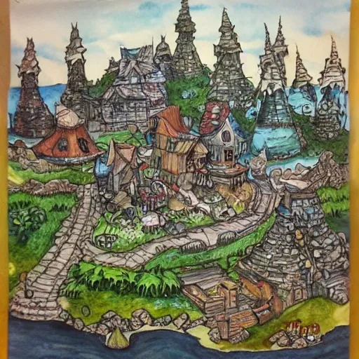 dwarf city, Fantasy, Water Color