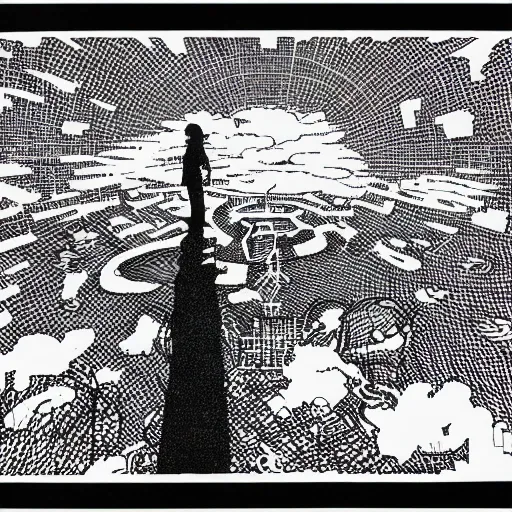 landscape with writings and people in teh sky, post punk, dungeon synth, printed, riso bitmap, litho print,

