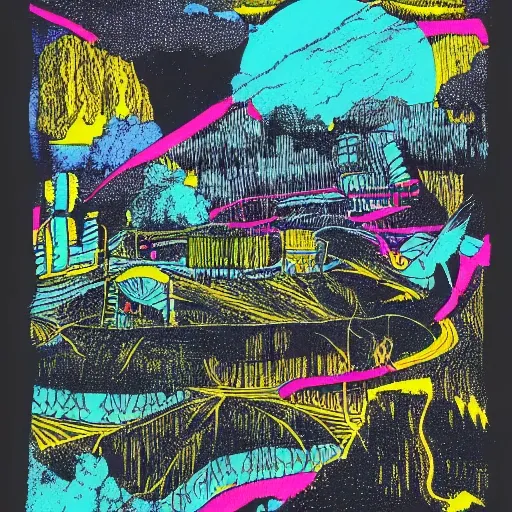 landscape with writings and people in teh sky, post punk, dungeon synth, printed, riso bitmap, litho print, vibrant colors