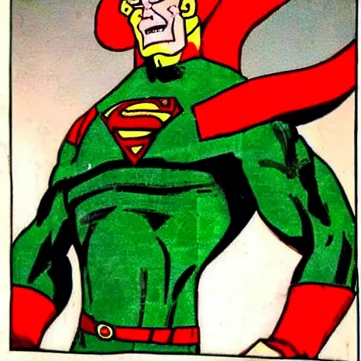 Create a super hero named Red Rocket. His super power is his anger. He has the ability to go nuclear when he gets mad enough. Add a nuclear logo on his chest and give his suit a green and yellow color scheme 