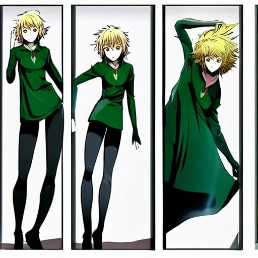 triptych panels, japanese girl Tatsumaki cosplay, Tatsumaki is brash, moody, hotheaded, and impatient, emerald green eyes, and matching bright green hair that naturally curls up on the ends. She wears a scandalous, form-fitting V-neck black dress with a high collar, long sleeves, and four high-cut leg slits that show off her shapely long legs, full body action pose, wide shot, scandalous, flirtatious, sensual, dynamic, manga, anime art, one punch man, --ar 3:2 --niji 5 --q 5 --c 95 --s 955 --style expressive, , Pencil Sketch