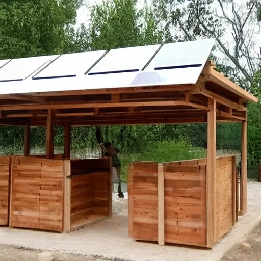 For the design of the kiosk with a gabled roof and solar panel, the following can be considered: 
The main structure of the kiosk can be made of treated wood to withstand inclement weather.

