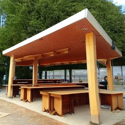 For the design of the kiosk with a gabled roof and solar panel, the following can be considered: 
The main structure of the kiosk can be made of treated wood to withstand inclement weather.

