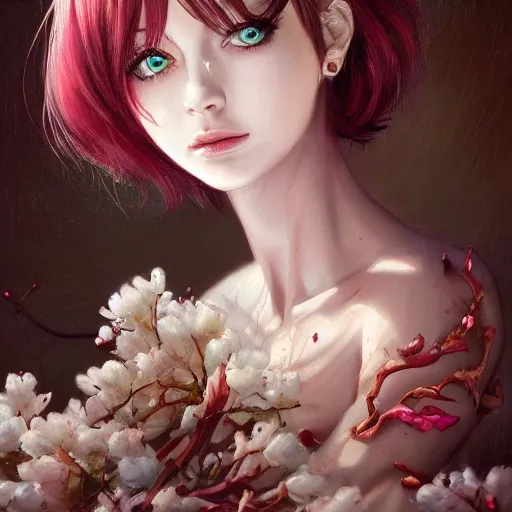 the portrait of the absurdly beautiful, graceful, elegant, gorgeous, fashionable photorealistic anime european woman made of cherries and white petals with tears, an ultrafine hyperrealistic illustration by kim jung gi, irakli nadar, intricate linework, bright colors, octopath traveler, final fantasy, unreal engine highly rendered, global illumination, radiant light, intricate environment, Oil Painting