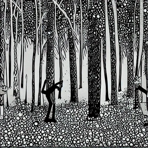 men alone in the wood , colors are intensive, , Trippy, Cartoon, 3D,
