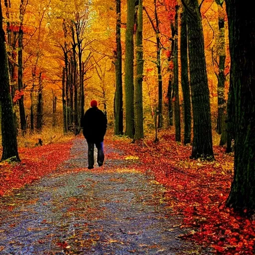 men alone in the wood , colors are intensive, 
