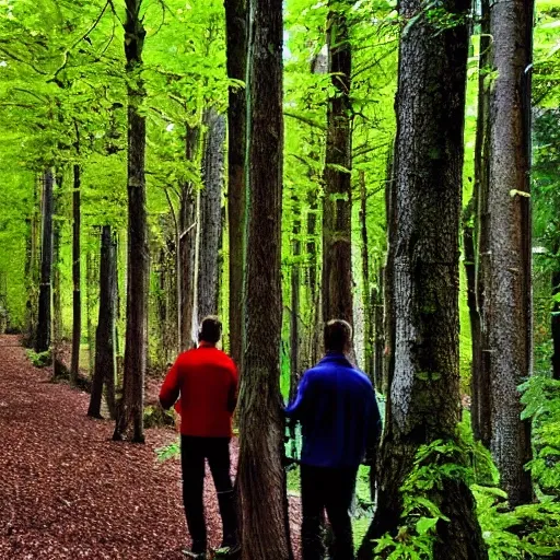 men alone in the wood , colors are intensive, 
Alles ist Verschwommen