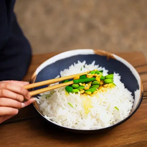 asian person eating rice with a mythical background
