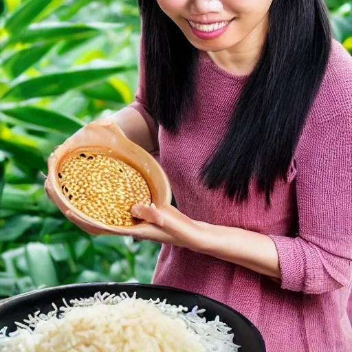 female asian person eating rice with a mythical background full portrait

