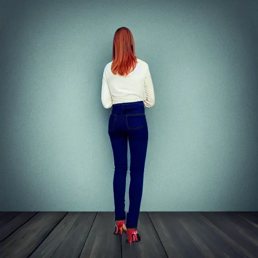 Create a realistic image of a beautiful woman from behind, with her hand on her hip.