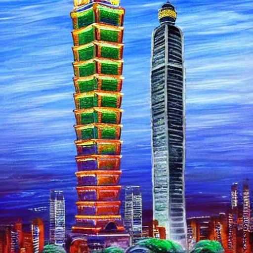 Generate an image of the Taipei 101 Tower, the tallest building in the world, featuring its pressurized, high-speed elevators that can travel at speeds of more than fifty-five feet per second, Cartoon, Oil Painting, Water Color