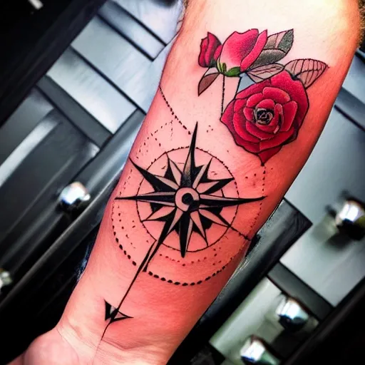 A compass tattoo surrounded by vibrant roses and fishing hooks