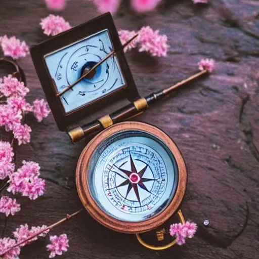 A compass surrounded by delicate cherry blossoms and fishing gear