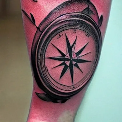 A compass surrounded by delicate cherry blossoms and fishing gear, Tattoo Design
