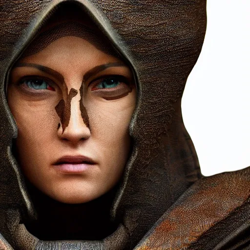 Dune Tribute /// (Character) wearing detailed combat body suit with scarf, closeup, desert scene, detailed skin, face sharp focus, detailed eyes and pupils, detailed hair, intricate details and sharp, masterpiece, global illumination, real shadow, bokeh, best quality, Dune style, photorealistic, realistic, 8k, 3d, 3D
