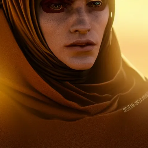 Dune Tribute /// (Character) wearing detailed combat body suit with scarf, closeup, desert scene, detailed skin, face sharp focus, detailed eyes and pupils, detailed hair, intricate details and sharp, masterpiece, global illumination, real shadow, bokeh, best quality, Dune style, photorealistic, realistic, 8k, 3d, 3D