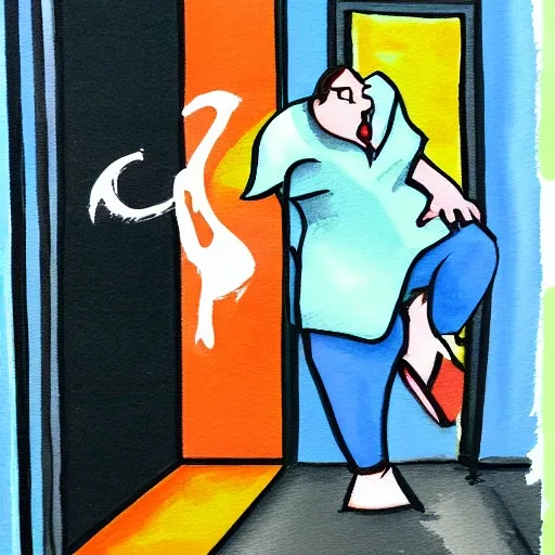 Generate an image of a person calling out for help in an elevator stuck , Oil Painting, Water Color, Cartoon