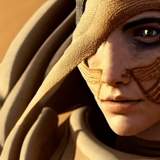 Dune Tribute /// (Character) wearing detailed combat body suit with scarf, closeup, desert scene, detailed skin, face sharp focus, detailed eyes and pupils, detailed hair, intricate details and sharp, masterpiece, global illumination, real shadow, bokeh, best quality, Dune style, photorealistic, realistic, 8k, 3d