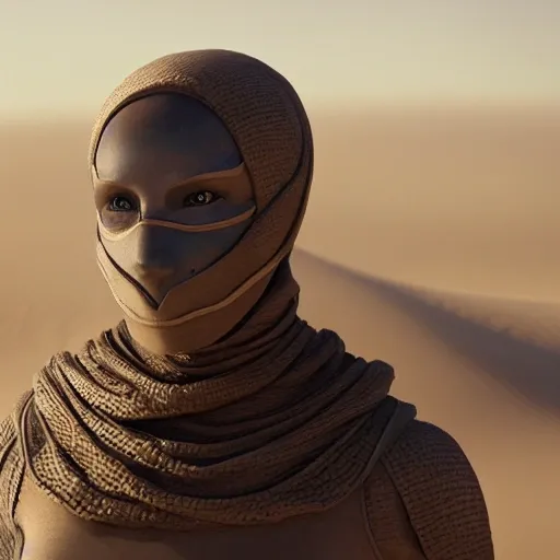 Dune Tribute /// (Character) wearing detailed combat body suit with scarf, closeup, desert scene, detailed skin, face sharp focus, detailed eyes and pupils, detailed hair, intricate details and sharp, masterpiece, global illumination, real shadow, bokeh, best quality, Dune style, photorealistic, realistic, 8k, 3d