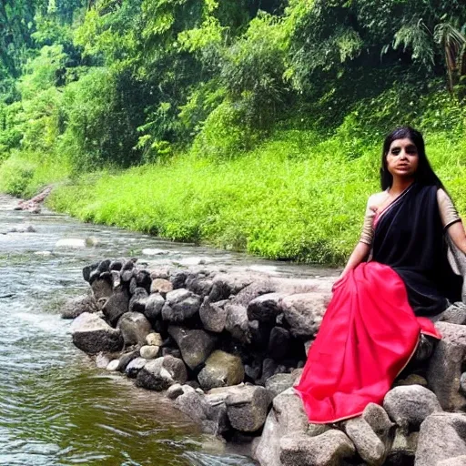 A girl sitting on the bank of a river, wearing a black saree, with a transparent body, flowing hair