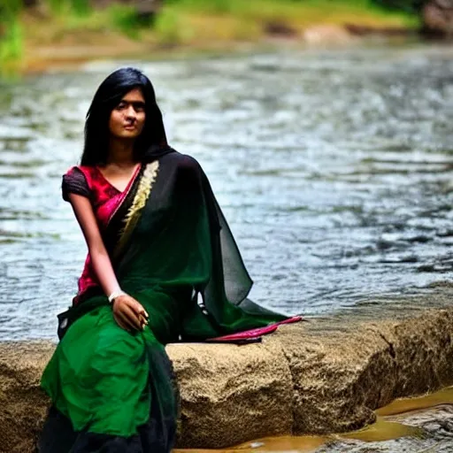 A girl sitting on the bank of a river, wearing a black saree, with a transparent body with it's clothes, flowing hair