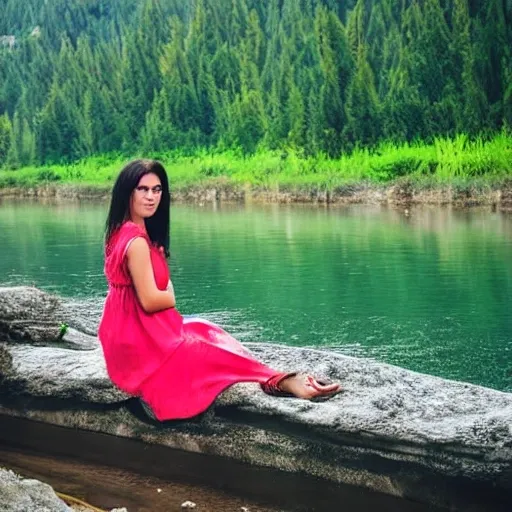 Girl sitting on the bank of river where his full body looking gorgeous and beautiful make it realistic 