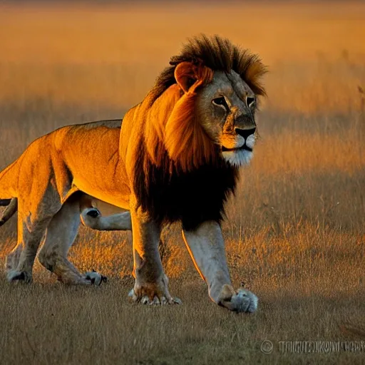 As the golden hour casts a warm, ethereal glow over the vast expanse of the Serengeti, a majestic lion emerges from the shadows. His tawny coat, kissed by the sun’s fading light, shimmers with an almost otherworldly radiance. With each graceful stride, his powerful muscles ripple beneath his fur, embodying the essence of regal strength. The lion’s amber eyes, intense and keen, scan the horizon as he navigates the savannah with quiet confidence. The golden grasses sway gently in the breeze, parting before him like a sea of whispers, as if paying homage to the king of the wild. In this moment, the lion’s presence is a testament to the untamed beauty and raw power of nature, forever etched in the memory of the Serengeti at the golden hour. — ar 3:2 — v 5 — q 2 — s 250, Trippy