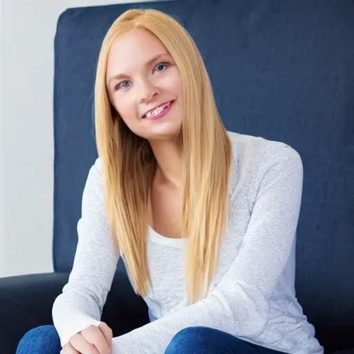 Blonde girl sitting on a couch facing right at a 35 degree to the camera wearing blue tight jeans and white somewhat see trough long sleeve shirt
