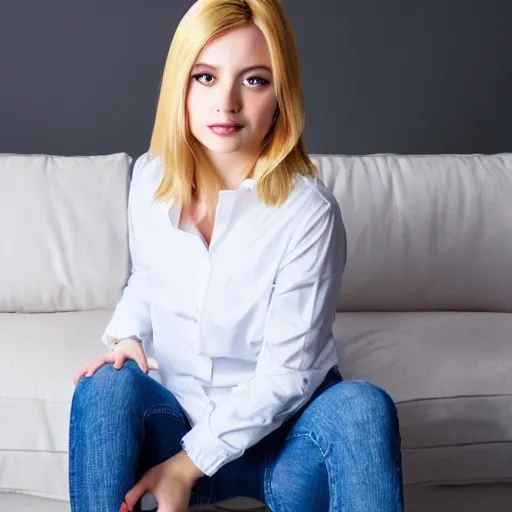 Hyper realistic Beautiful Blonde girl with big thighs sitting on a couch wearing blue hotpants jeans and completely see trough white long sleeve shirt wide shot
