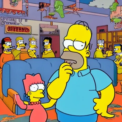 , Cartoon homer simpsons drinking a duff beer in a apocaliptic background 

