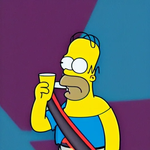 , Cartoon homer simpsons drinking a duff beer in a apocaliptic background  in the style of marvel 

