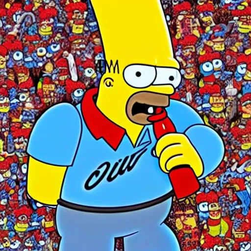 , Trippy homer simpsons drinking a duff beer in a apocaliptic background  in the style of marvel 
