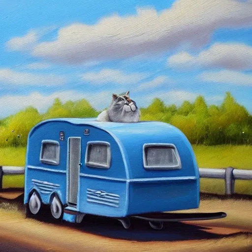 cat driving a caravan, Oil Painting