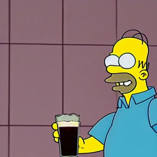 , Cartoon high quality homer simpson  drinking a beer in a zombie movie scenarie 
