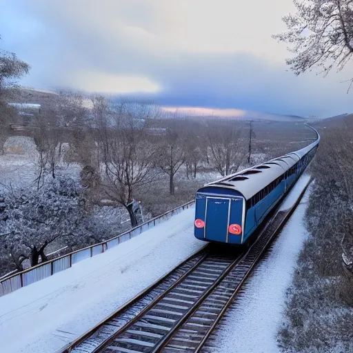 un tren en una estacion de invierno de moche 
