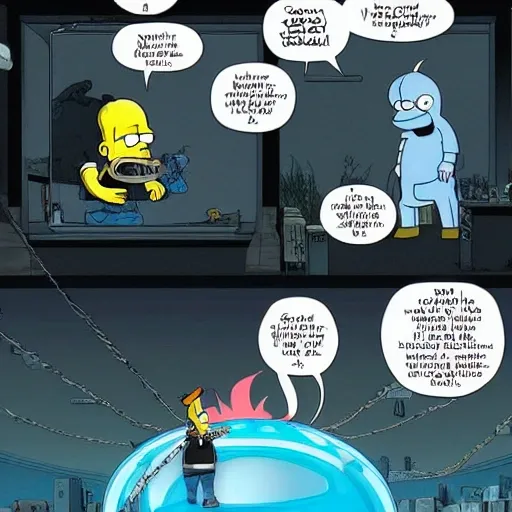 homer simpson has punisher, blue skin color with short horns and a devil tail, black and blue colors, erin, human baby inside an spherical incubator, into the spider verse, dark ambient, tsutomu nihei