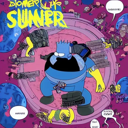 homer simpson has punisher, blue skin color with short horns and a devil tail, black and blue colors, erin, human baby inside an spherical incubator, into the spider verse, dark ambient, tsutomu nihei