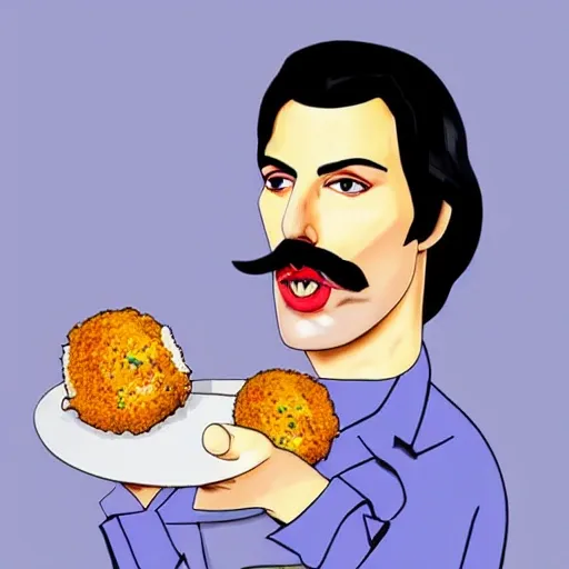 Freddie Mercury wearing a white shirt and eating arancini, Cartoon