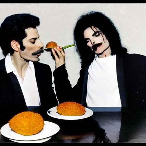 Freddie Mercury and michael jackson eating arancini, 3D