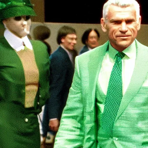 Cable summers wearing a green dress suit