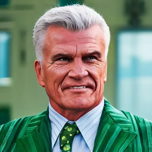 Cable Summers wearing a green dress suit