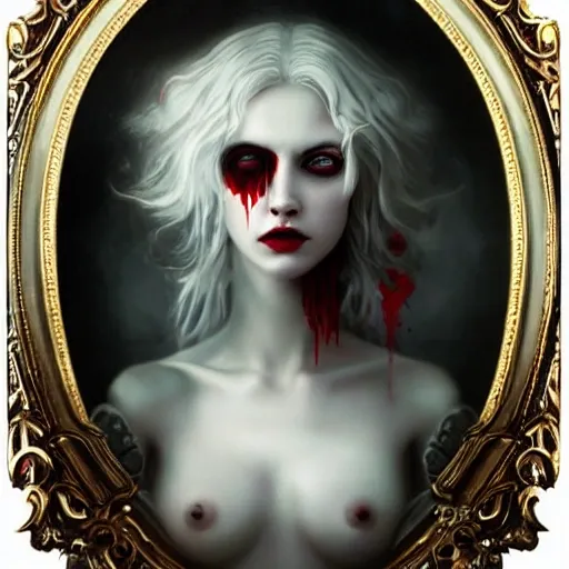 elegant seductive beautiful vampire horror gothic white hair ornate rococo intaglio dripping blood by Tom Bagshaw and Seb McKinnon, highly detailed, dramatic lighting, volumetric, red eyes, whole body
