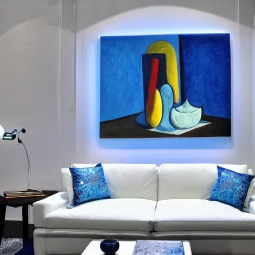 , 3D, room, white, blue sofa, white lamp, cushions colors, picture picasso