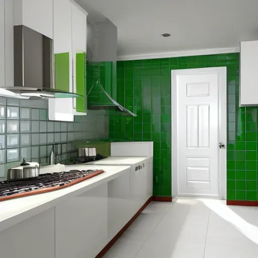 kitchen interior, white furniture, green tiles, matt, light, wood door, 3D, 