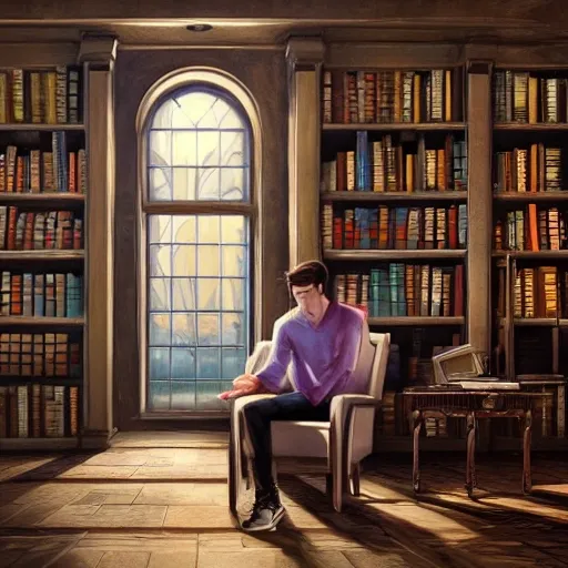 realistic library, beautiful scenery, perfect picture quality, bright colors, unreal engine highly rendered, portrait full body man european sit studying, extremely detailed face and eyes, oil on canvas, trending on artstation, featured on pixiv, cinematic composition, extreme detail, metahuman creator, Size: 1920x1080