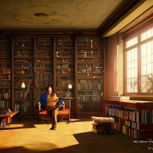 realistic library, beautiful scenery, perfect picture quality, bright colors, unreal engine highly rendered, portrait full body man european sit studying, extremely detailed face and eyes, oil on canvas, trending on artstation, featured on pixiv, cinematic composition, extreme detail, metahuman creator, Size: 1920x1080